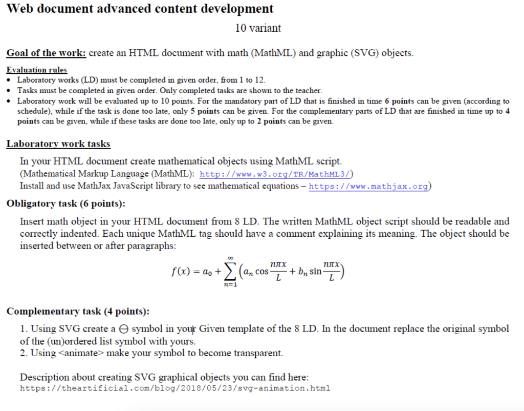 Goal of the work: create an HTML document with math (MathML)