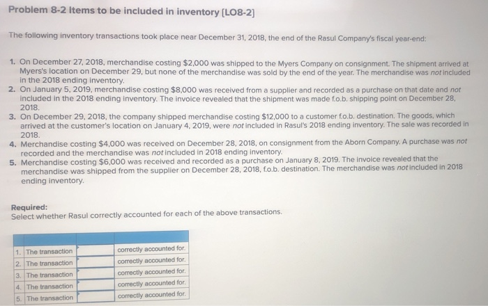  Problem 8-2 Items to be included in inventory (LO8-2] The following