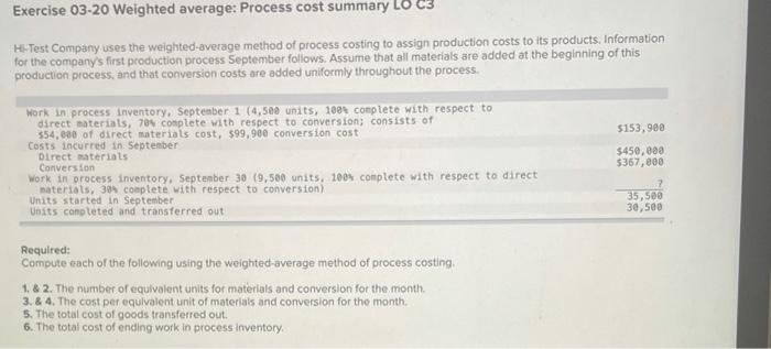  Exercise 03-20 Weighted average: Process cost summary Hi-Test Company uses the