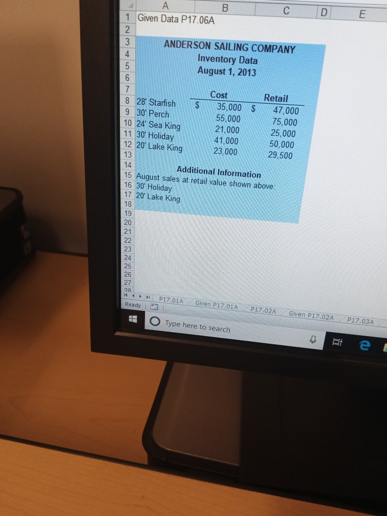  1 Given Data P17.06A 3ANDERSON SAILING COMPANY Inventory Data August 1,