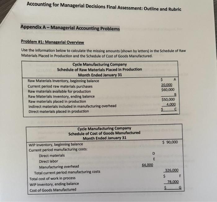 for Managerial Decisions Final Assessment: Outline and Rubric Step TWO: Perform Calculations