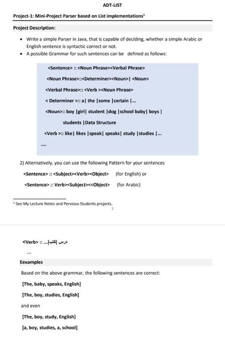  write a datastrcture code in java Project-1: Mini-Project Parser based on