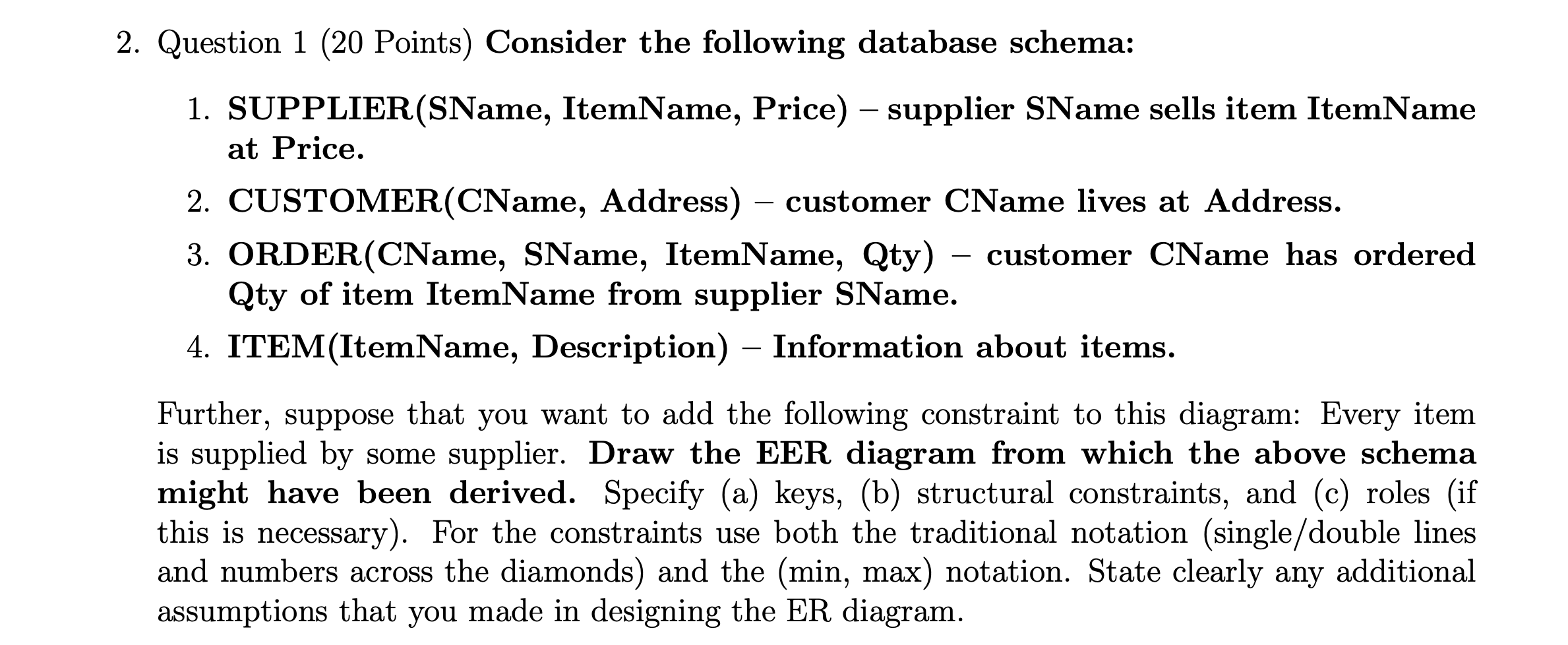  Consider the following database schema: SUPPLIER(SName, ItemName, Price)- supplier SName sells