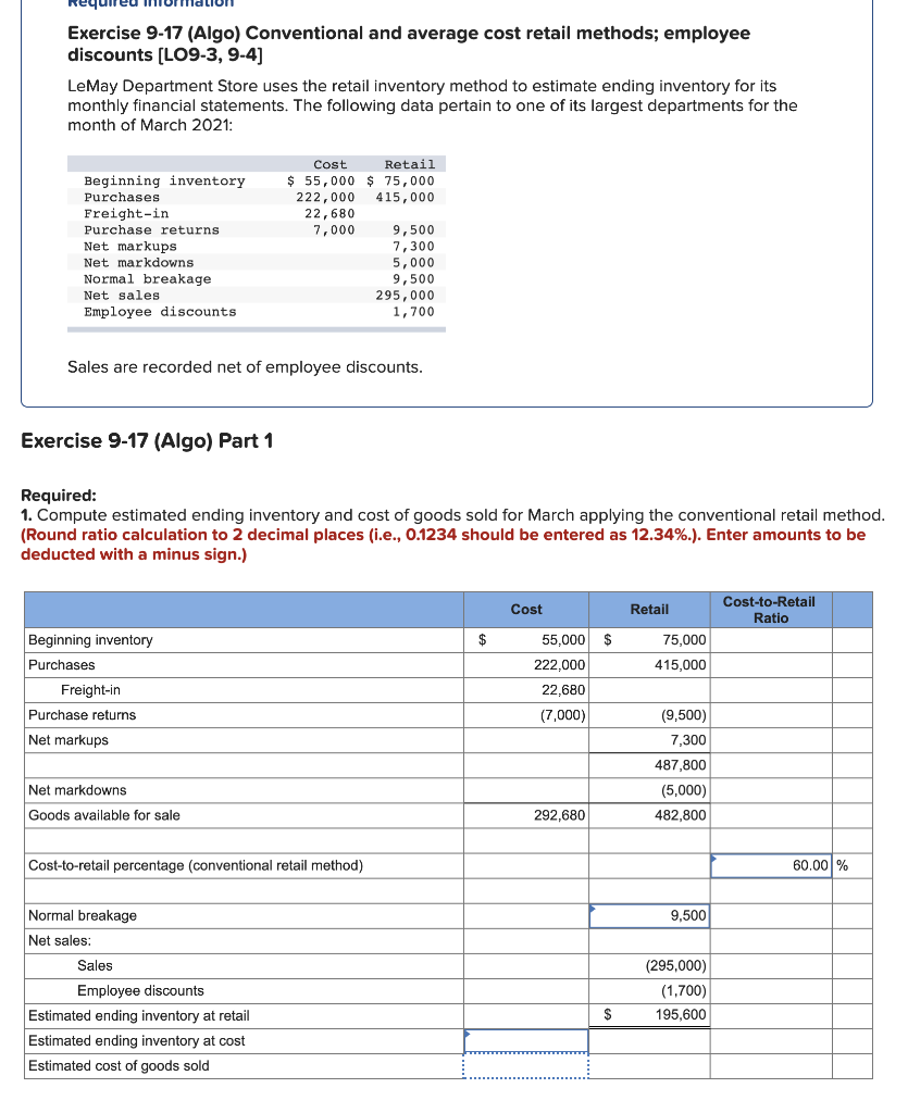 Exercise 9-17 (Algo) Conventional and average cost retail methods; employee discounts [LO9-3,
