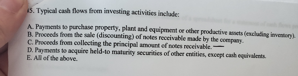  45. Typical cash flows from investing activities include: A. Payments to