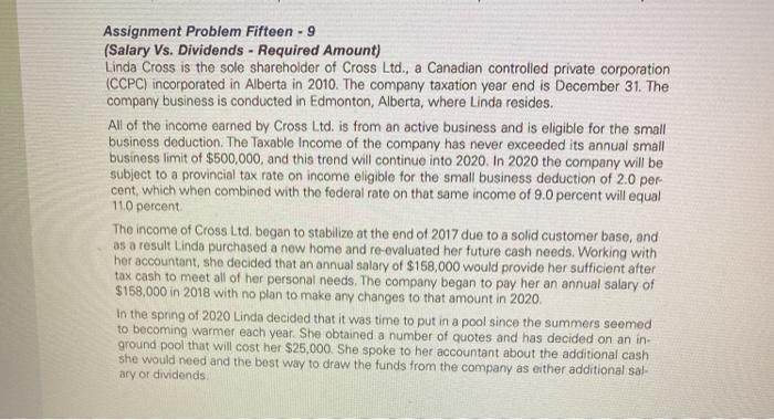  Assignment Problem Fifteen - 9 (Salary Vs. Dividends - Required Amount)