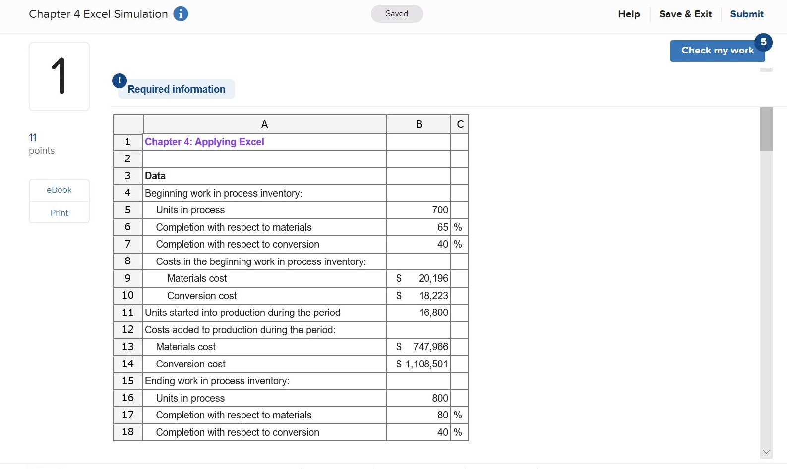  Chapter 4 Excel Simulation i Saved Help Save & Exit Submit