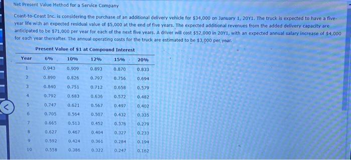  Net Present Value Method for a Service Company Coast-to-Coast Inc. is
