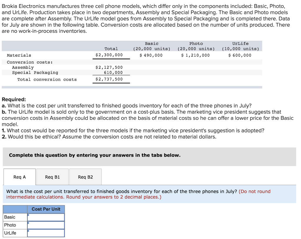 Brokia Electronics manufactures three cell phone models, which differ only in