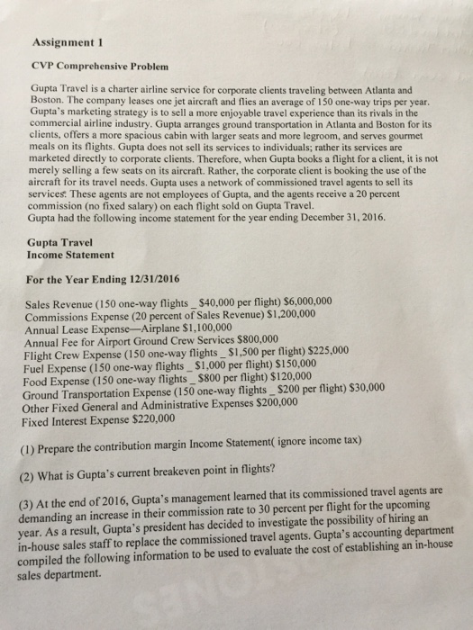  break even point in flights Assignment 1 CVP Comprehensive Problem Gupta