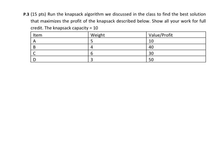 hw help please!! .3 (15 pts) Run the knapsack algorithm we discussed