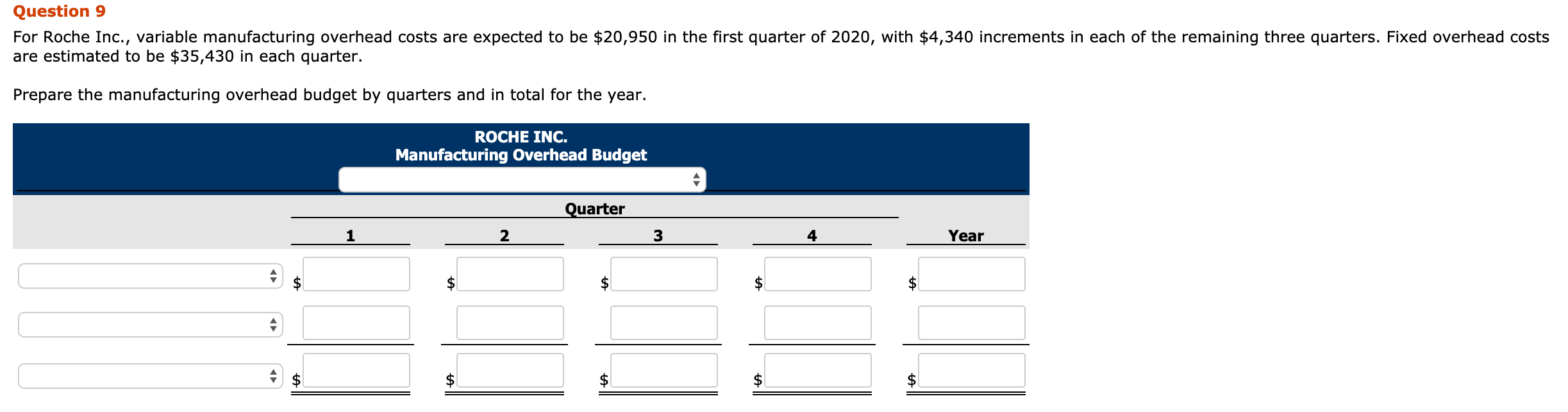  Question 9 For Roche Inc., variable manufacturing overhead costs are expected