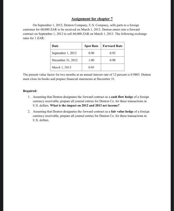  Assignment for chapter 7 On September 1, 2012, Denton Company, U.S.