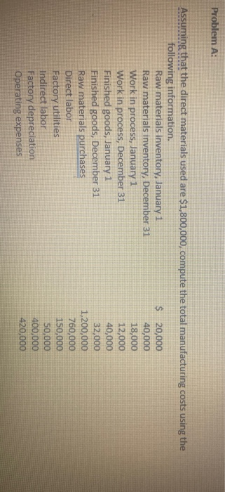  Problem A: Assuming that the direct materials used are $1,800,000, compute