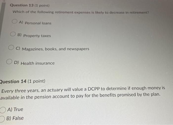  Which of the following retirement expenses is likely to decrease in