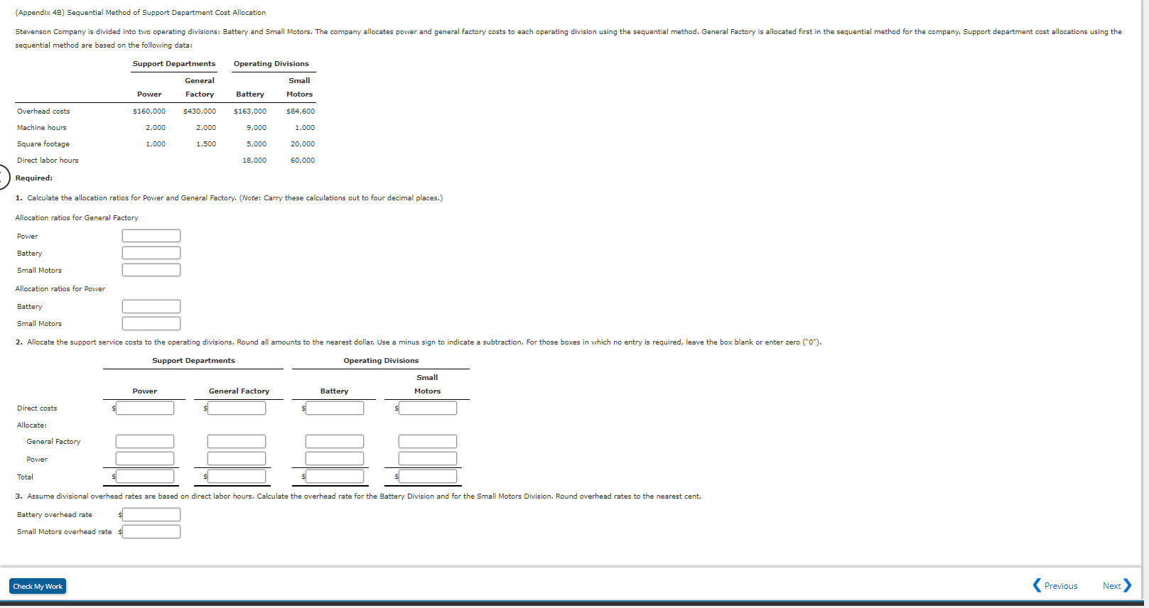 (Appendix 4B) Sequential Method of Support Department Cost Allocation Stevenson Company