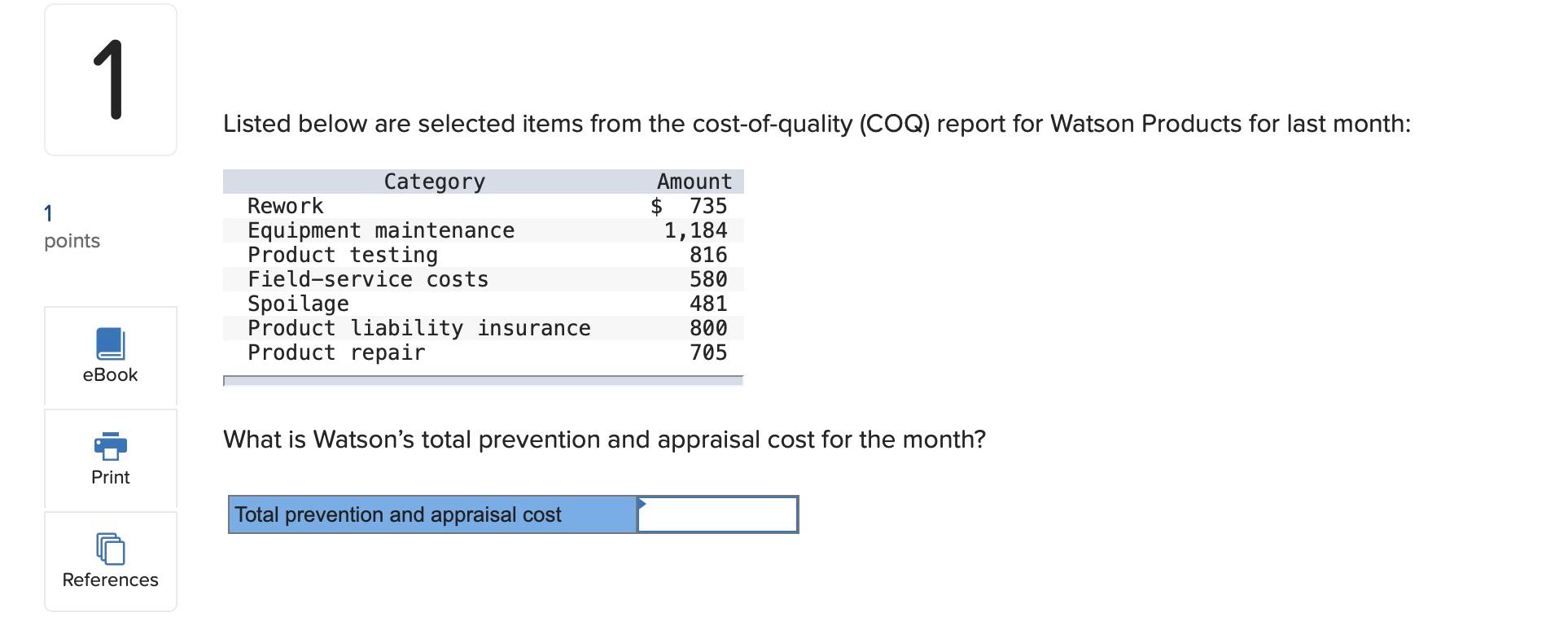  Listed below are selected items from the cost-of-quality (COQ) report for