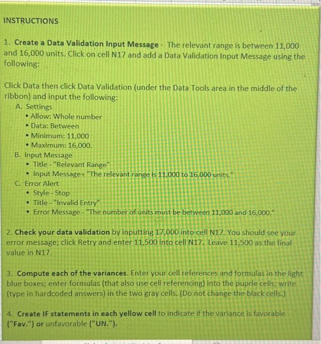  INSTRUCTIONS 1. Create a Data Validation Input Message - The relevant