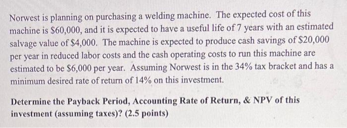  Norwest is planning on purchasing a welding machine. The expected cost