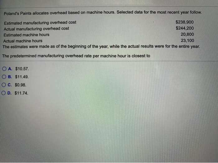  Poland's Paints allocates overhead based on machine hours. Selected data for