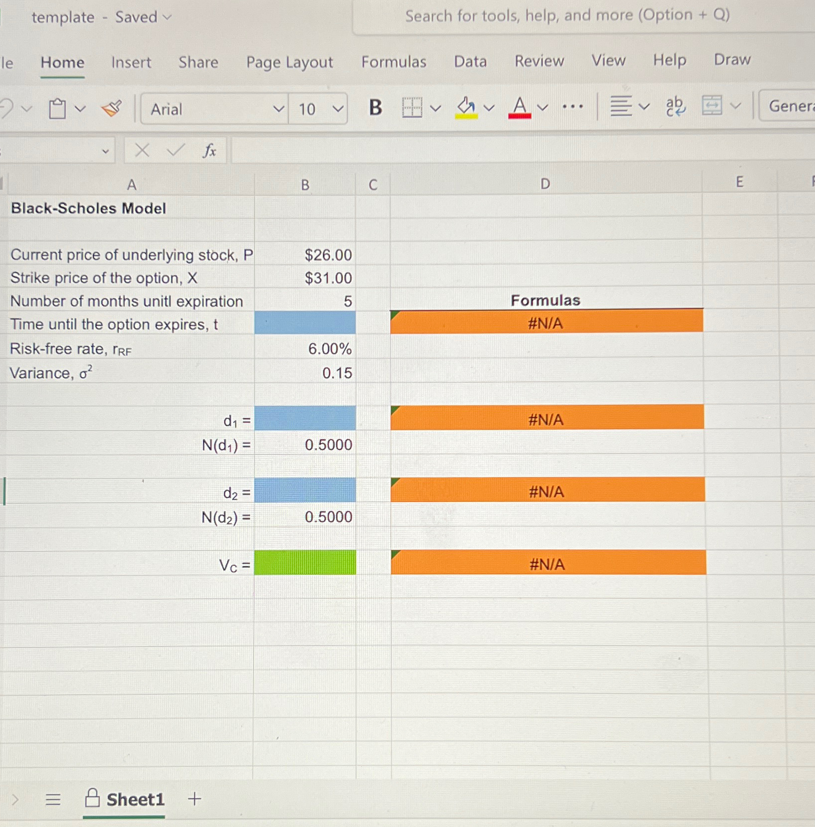  Excel Online Structured Activity: Black-Scholes Model Assume the following inputs for