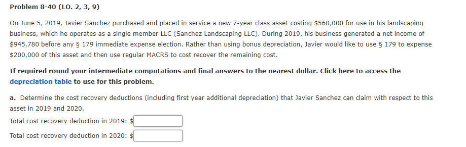  Problem 8-40 (LO. 2, 3, 9) On June 5, 2019, Javier