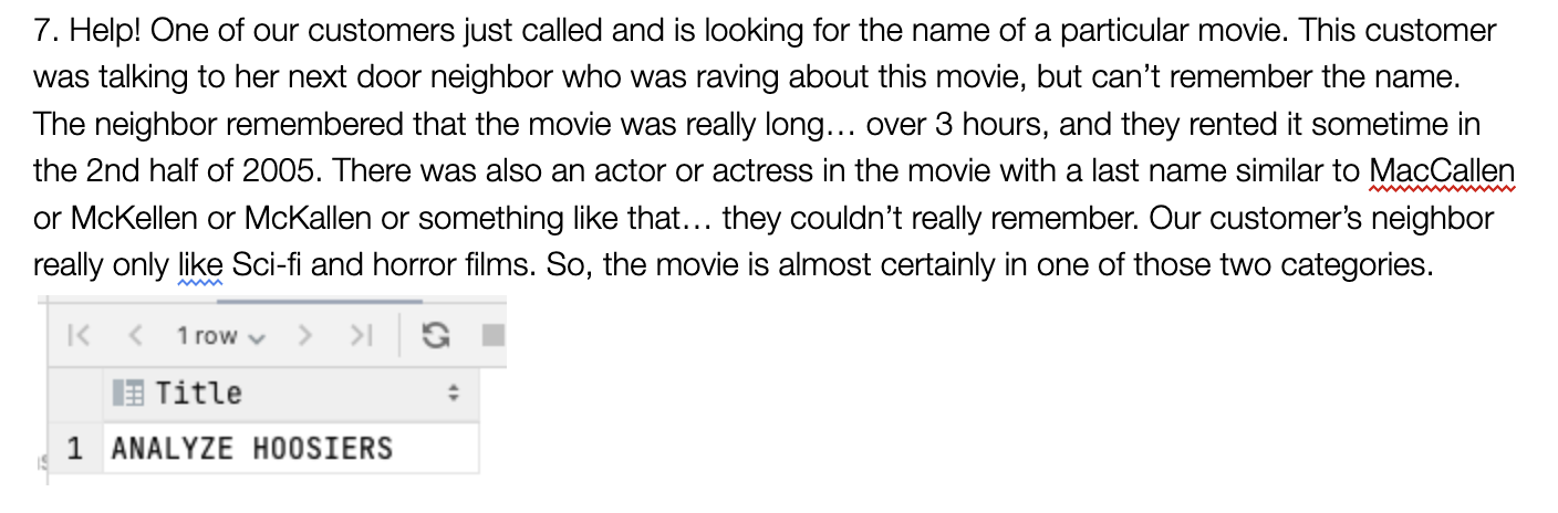 Using the Sakila database, answer in SQLite 7. Help! One of our