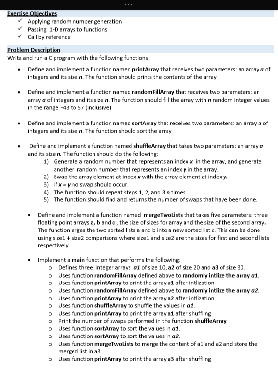  write C program Exercise Objectives Applying random number generation Passing 1-D