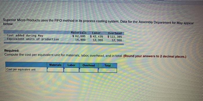  Superior Micro Products uses the FIFO method in its process costing