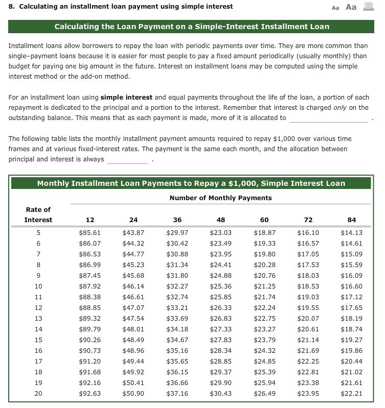 Calculating an installment loan payment using simple interest 8. Aa Aa