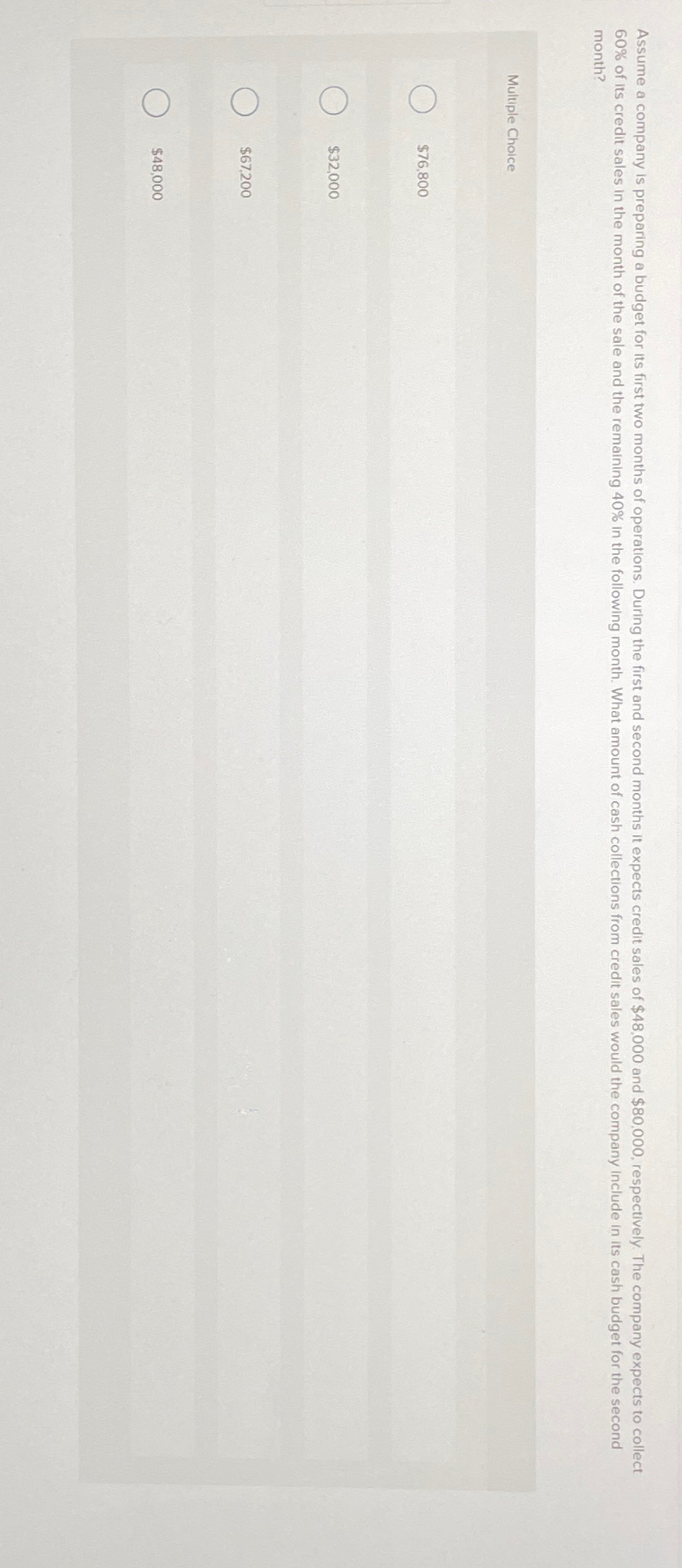  month? Multiple Choice $76,800 $32,000 $67,200 $48,000 