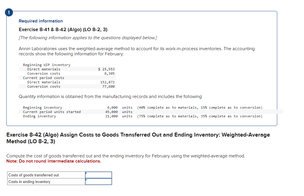 Required information Exercise 8-41 \& 8-42 (Algo) (LO 8-2, 3) [The