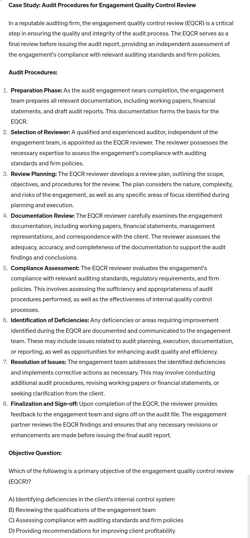  Audit procedures for engagement quality control review Case Study: Audit Procedures