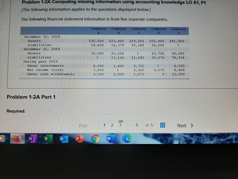 Problem 1-2A Computing missing information using accounting knowledge LO A1, P1