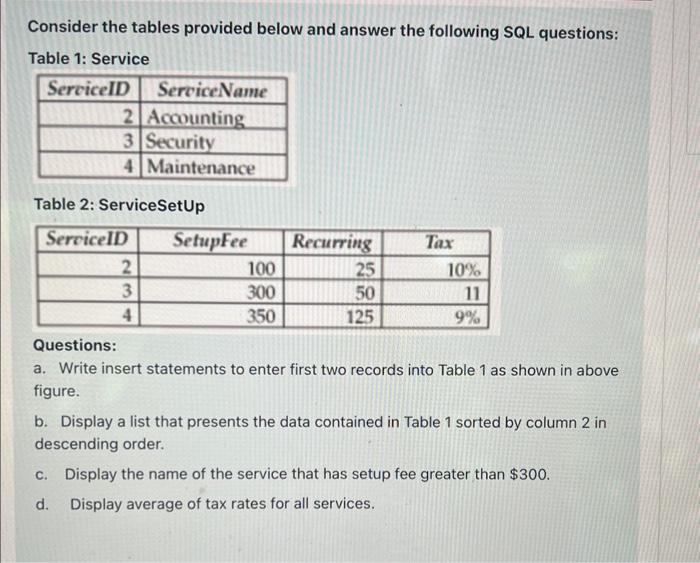  Consider the tables provided below and answer the following SQL questions:
