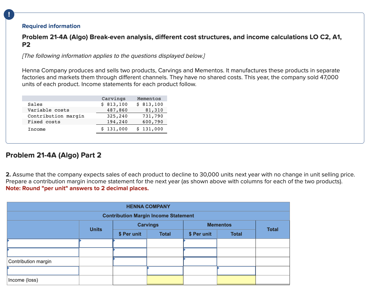 ! Required information Problem 21-4A (Algo) Break-even analysis, different cost structures,
