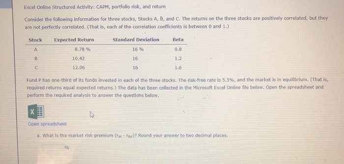  Excel Online Structured Activity: CAPM, portfolio risk, and return Consider the