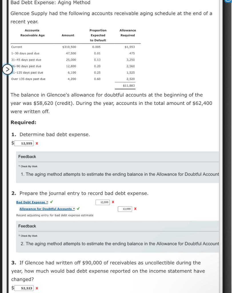  Bad Debt Expense: Aging Method Glencoe Supply had the following accounts