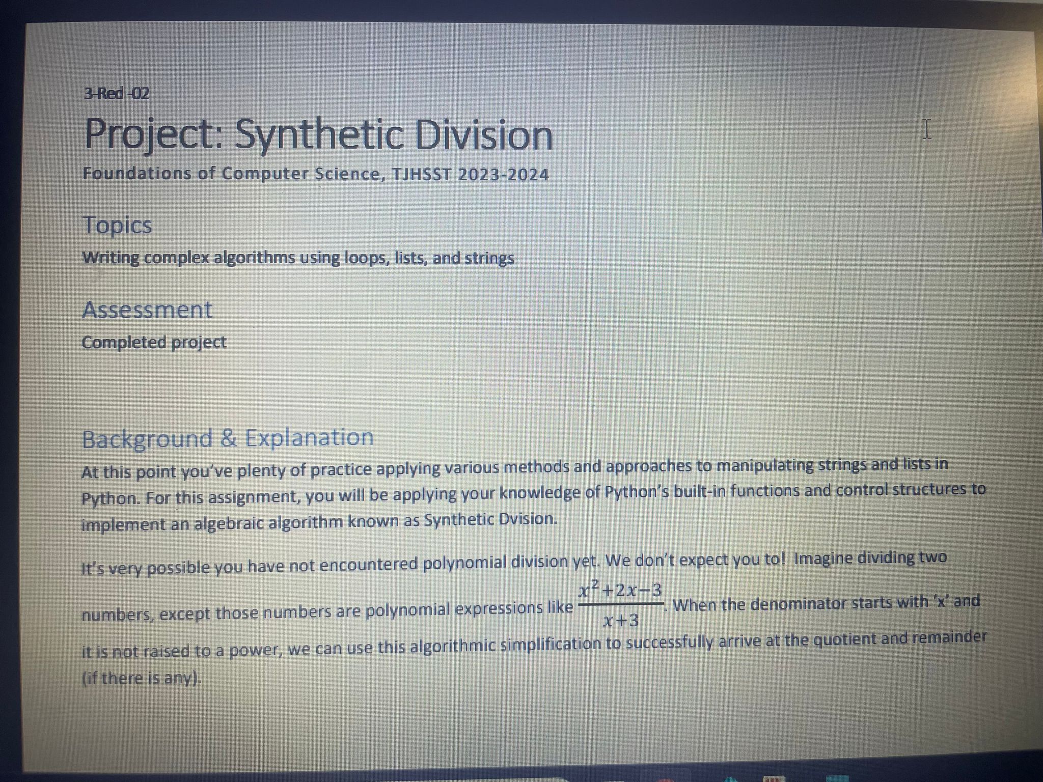  3-Red -02 Project: Synthetic Division Foundations of Computer Science, TJHSST 2023-2024