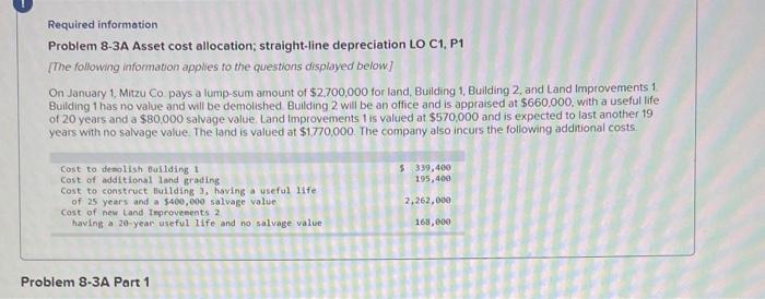  Required information Problem 8-3A Asset cost allocation; straight-line depreciation LO C1,