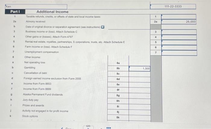 I 111223333 Additional Income Taxable refunds, credits, or olfsets of state and