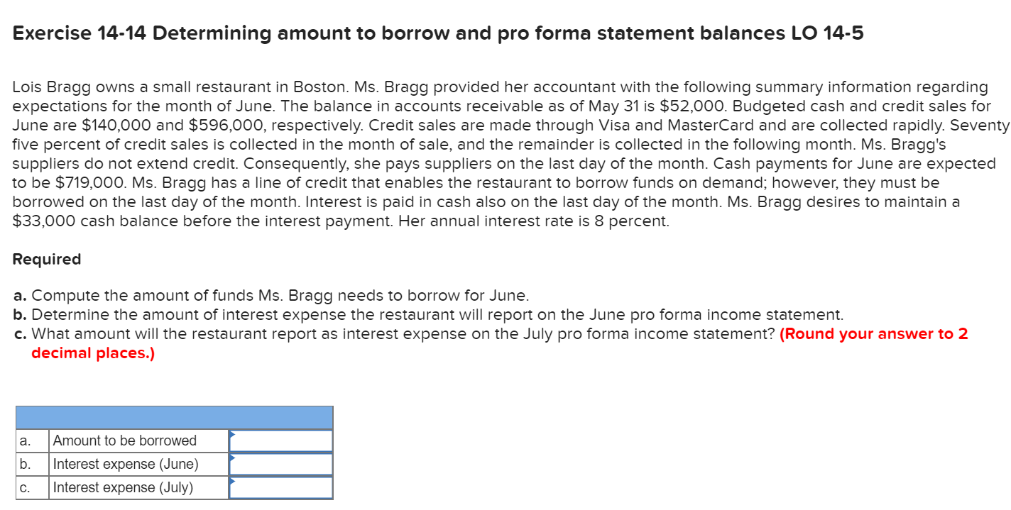  Exercise 14-14 Determining amount to borrow and pro forma statement balances