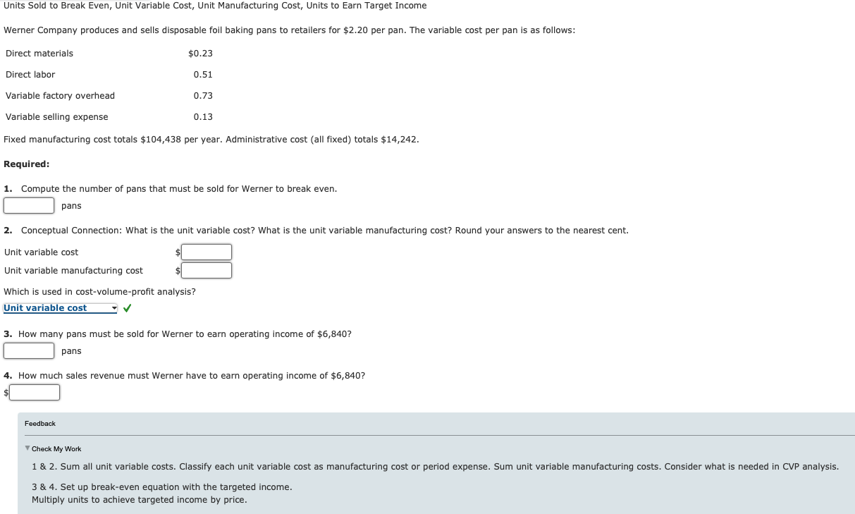  Units Sold to Break Even, Unit Variable Cost, Unit Manufacturing Cost,