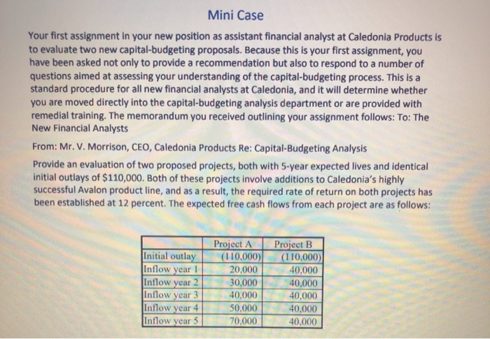  Mini Case Your first assignment in your new position as assistant