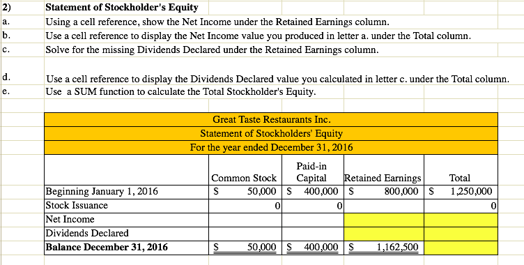  Statement of Stockholder's Equity Using a cell reference, show the Net