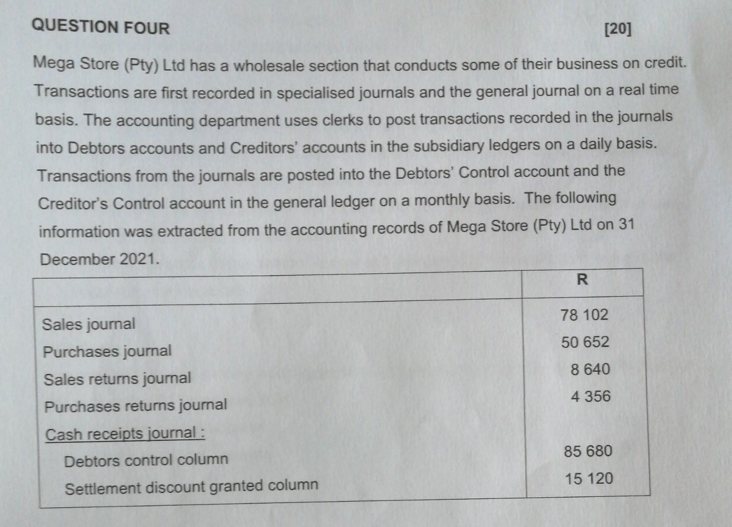  QUESTION FOUR [20] Mega Store (Pty) Ltd has a wholesale section