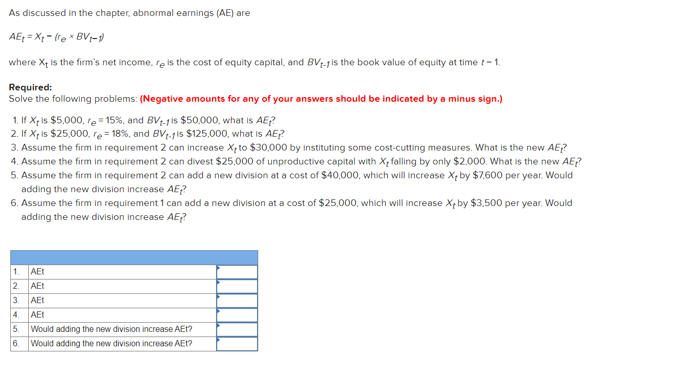  As discussed in the chapter, abnormal earnings (AE) are AEt =