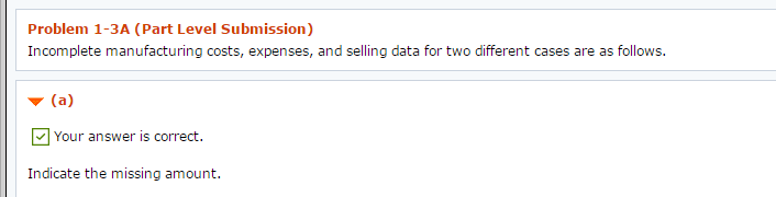 Exercise 1-3a Problem 1-3A (Part Level Submission) Incomplete manufacturing costs, expenses, and