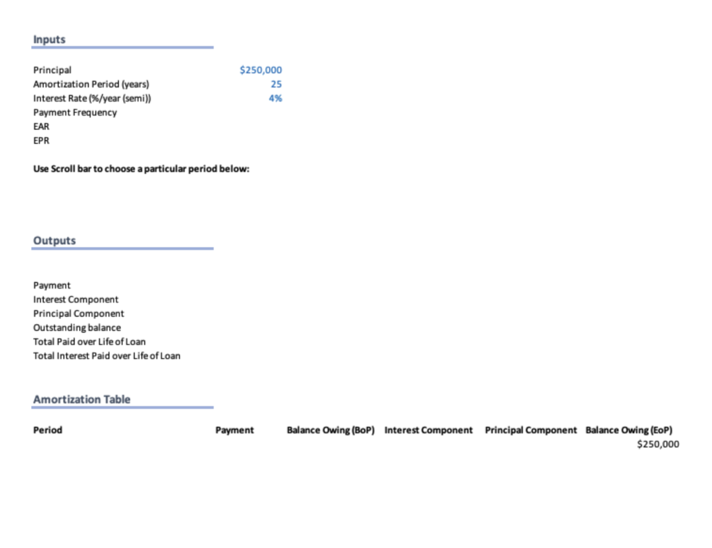 by using EFFECT, NOMINAL 6. Fill out range Payment, Interest Component, Principal