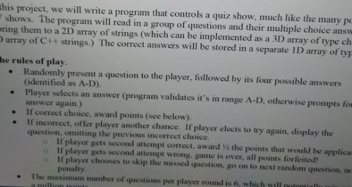  this project, we will write a program that controls a quiz